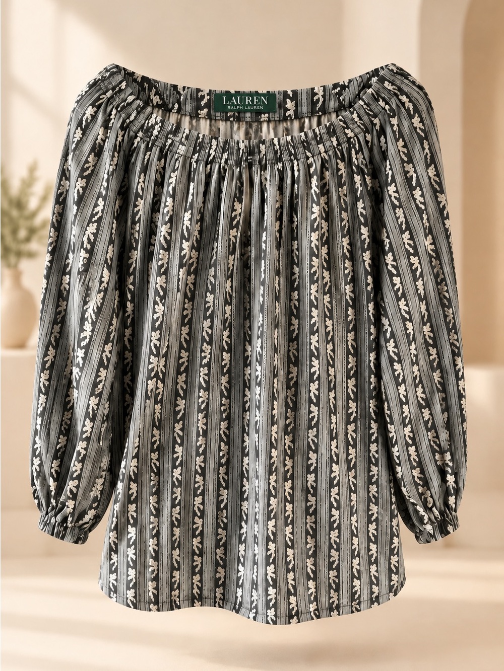 Lauren Ralph Lauren Blue Floral Stripe Boho Peasant Blouse size M
